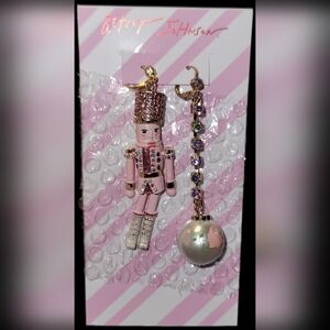 Betsey Johnson Pink Nutcracker Dangle Earrings with Crystal Bauble